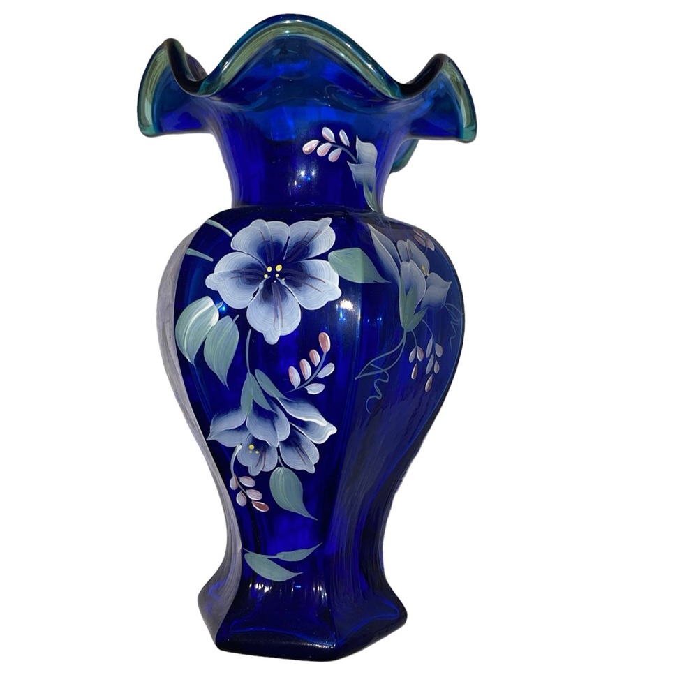 Fenton Glass 75th CELEBRATION Cobalt Vase Hand Painted Signed Bill Fenton 1998